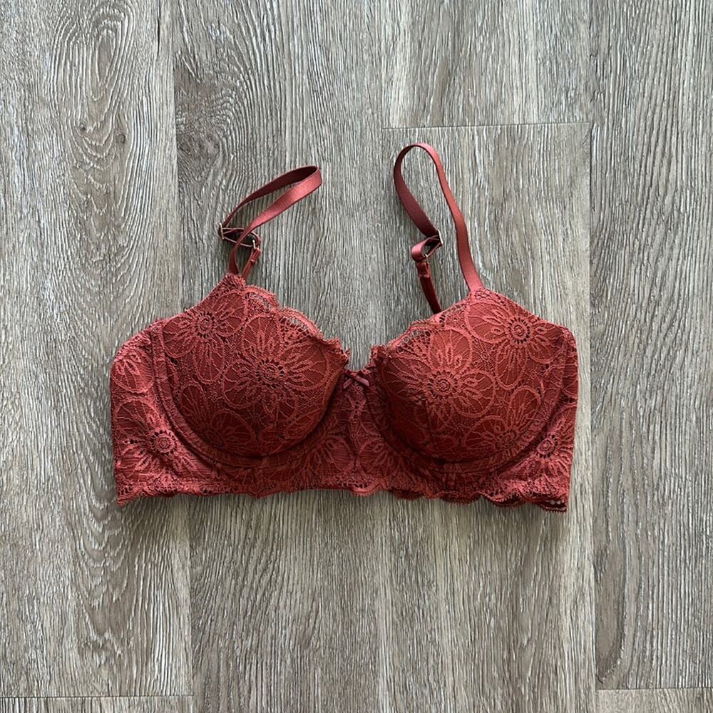Aerie Show Off Balconette Eyelash Lace Bra Rust Orange Size 34C Underwire